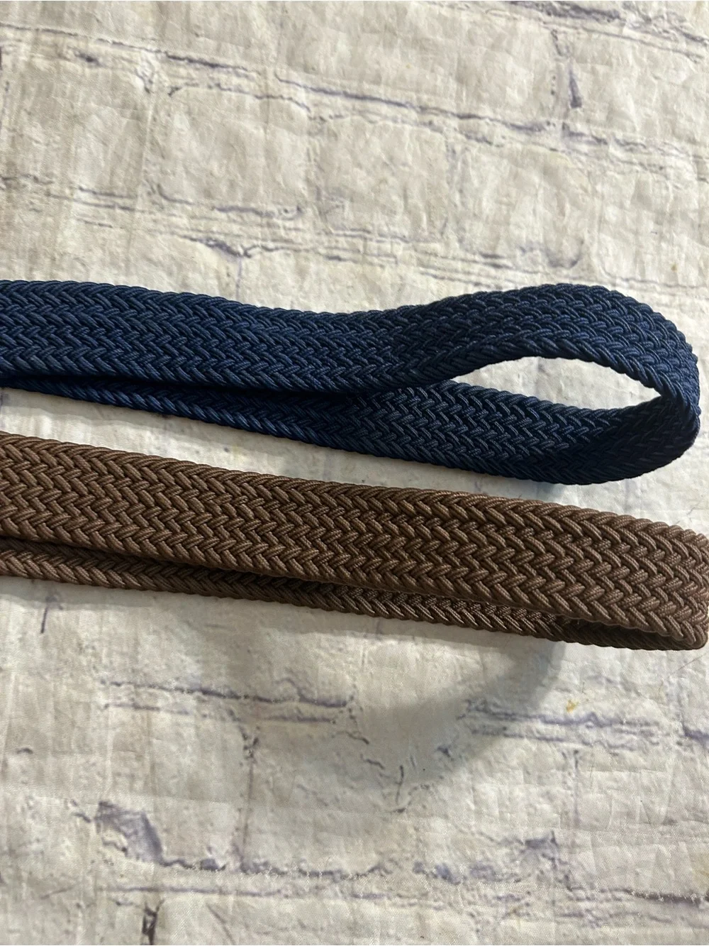 VINTAGE BROWN AND NAVY WITH LEATHER COVERED BUCKLES MEN STRETCH BELTS